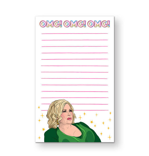 Rectangular white lined notepad features illustration of Jennifer Coolidge at the bottom in green surrounded by gold stars and "OMG! OMG! OMG!" printed at the top in pink lettering with multicolored borders