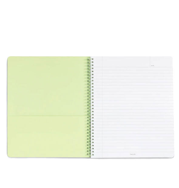 Open notebook with spiral-bound lined and lime green pocket page