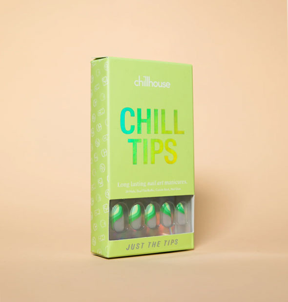 Green box of Chillhouse Chill Tips press-on nails in the style Just the Tips: an asymmetrical wavy green French tip look