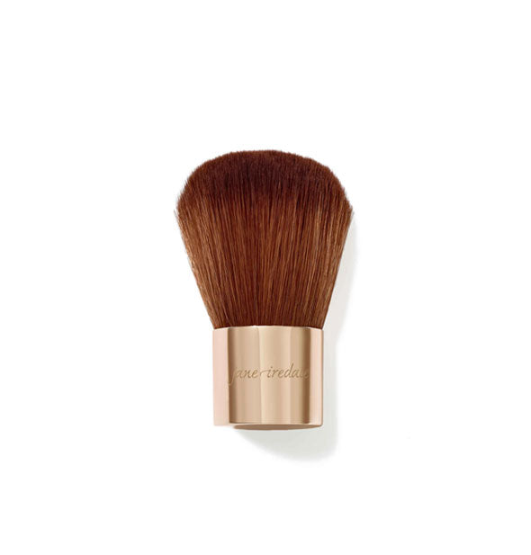 Jane Iredale kabuki brush with logo-stamped gold ferrule and large, rounded, brown bristles