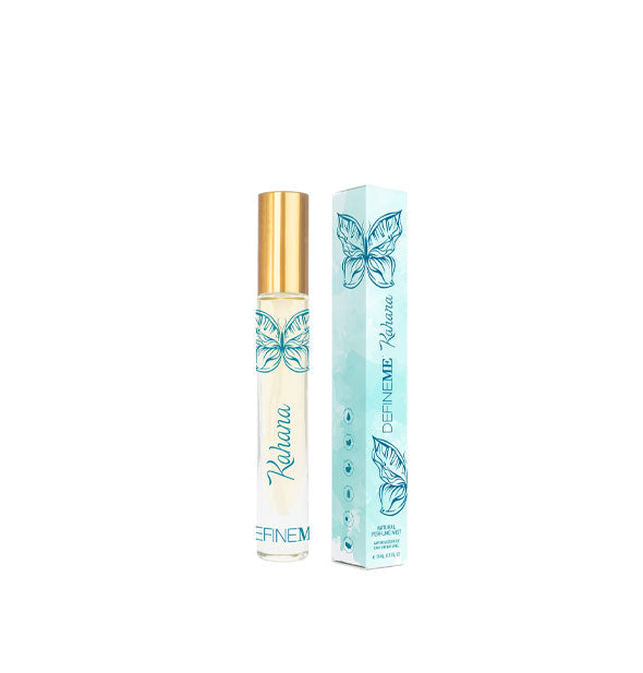 Slender tube of Kahara perfume by DefineMe with blue box, both adorned with blue butterfly graphics