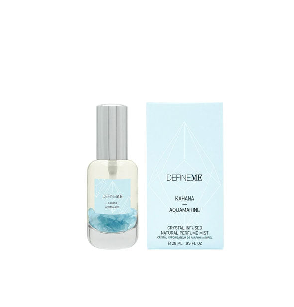 Bottle and box of DefineMe Kahana Aquamarine Crystal Infused Natural Perfume Mist