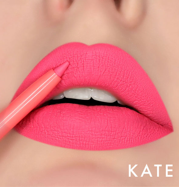 Model's lips wear shade Kate of Kara Beauty Line Up Lip Liner; pencil tip is held up to upper lip