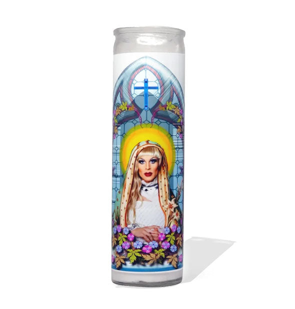 Prayer candle with image of drag queen Katya Zamolodchikova