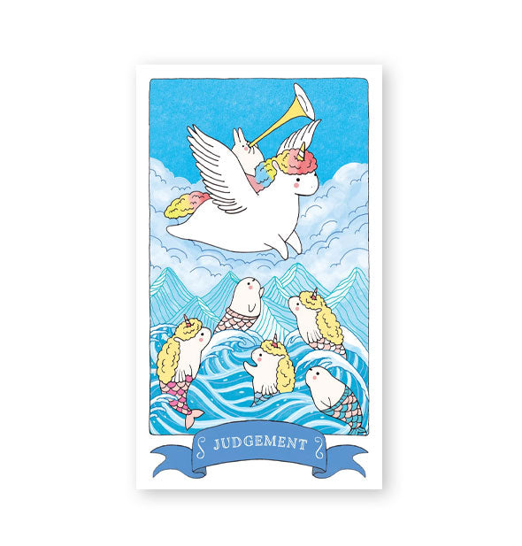 Sample Judgement card from the Kawaii Tarot deck features sea and celestial unicorn, narwhal, and mermaid cartoons