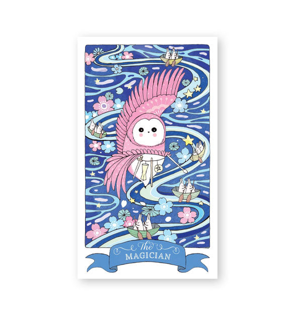 Sample Magician card from the Kawaii Tarot deck features owl illustration on an intricate background of bunnies rowing through magical waters