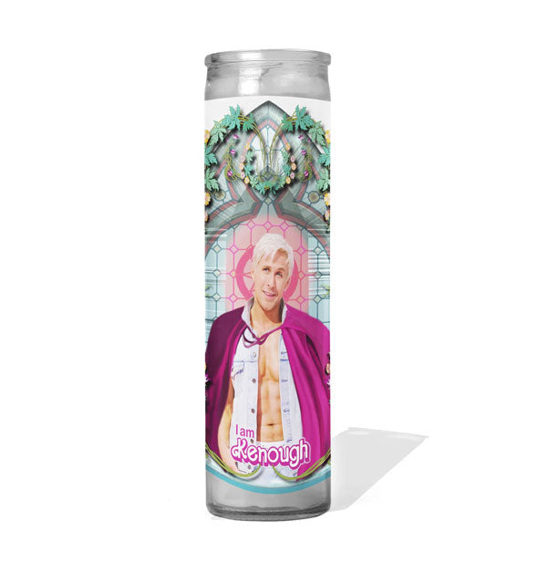 Prayer candle with image of Ryan Gosling as Ken from the Barbie movie says, "I am Kenough" at the bottom in pink lettering