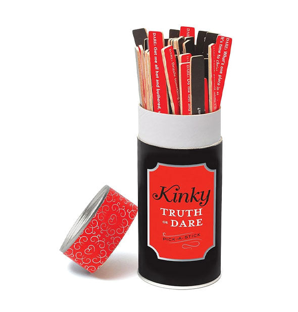Tube of Kinky Truth or Dare Pick-a-Sticks in red, white, and black color scheme with lid removed and propped against