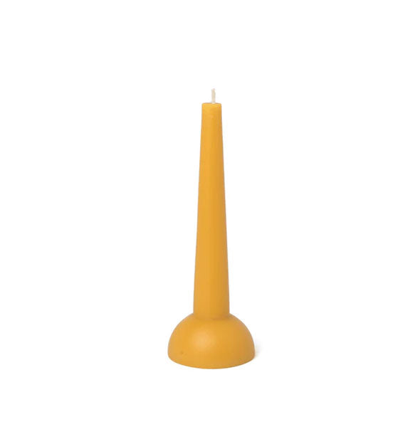Tall mustard-yellow candle features a half-circle base with a slender, tapered upper portion