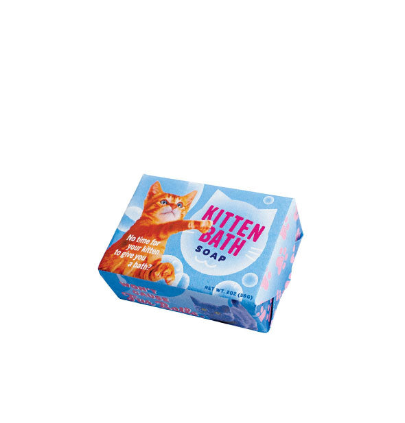 Bar of Kitten Bath Soap features blue wrapping with illustration of an orange cat pawing at some pubbles