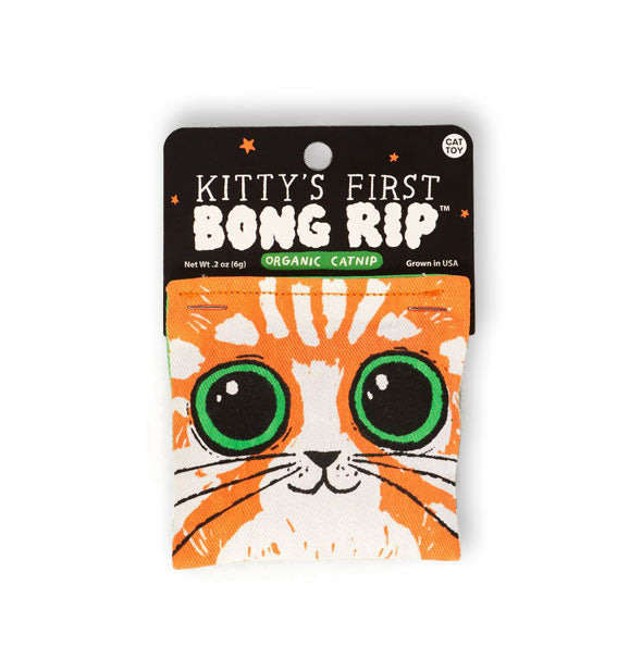 Square catnip pouch featuring illustration of a yellow and orange cat's face with green eyes and enlarged pupils is attached to a product card that says, "Kitty's first bong rip" in white lettering