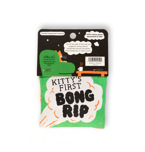 Square catnip pouch with smoke illustration says, "Kitty's first bong rip" in black lettering