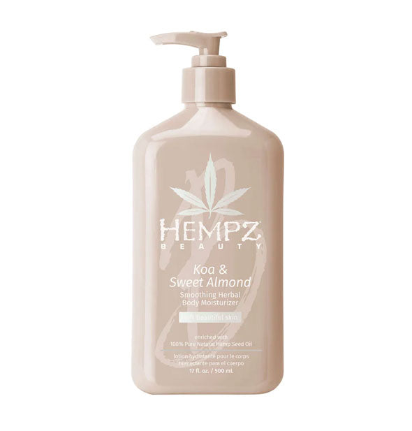 Beige 17 ounce bottle of Hempz Koa & Sweet Almond Smoothing Herbal Body Moisturizer with white and silver lettering and design accents