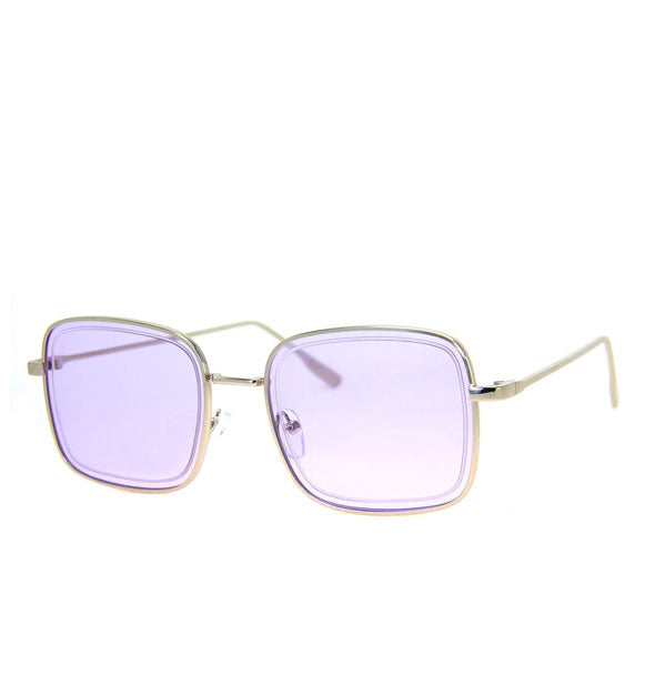 Pair of square sunglassses with a silver metal frame and light purple lenses