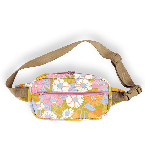 Hip bag featuring a pattern of purple, orange, white, and blue florals on an olive green background has pink zippers and a wide brown adjustable strap with clip