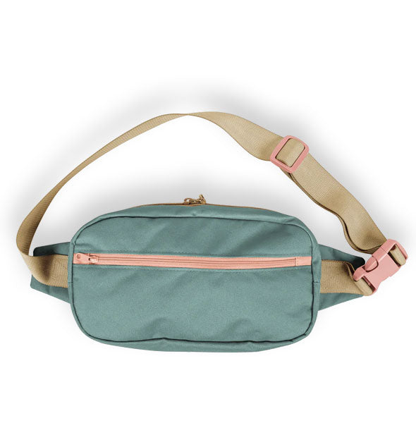 Dark teal hip bag with peach zippers and tan adjustable strap with pink clip