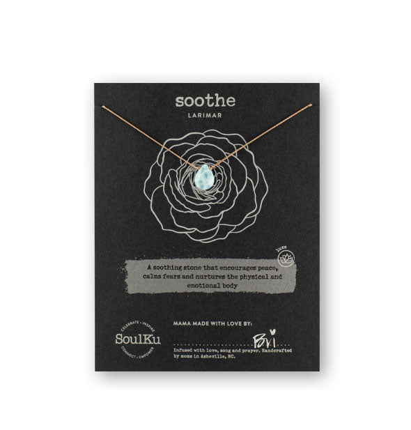 Soothe Larimar gemstone necklace on black SoulKu product card that says, "A soothing stone that encourages peace, calms fears, and nurtures the physical and emotional body"
