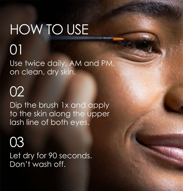 Three-step instructions for application of Olaplex Lashbond Building Serum are printed over image of a model applying serum to lash line