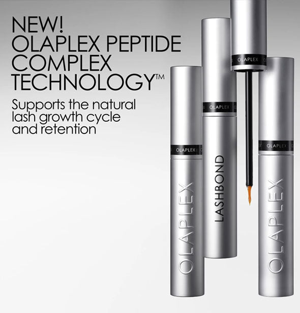 Tubes of Olaplex Lashbond Building Serum are labeled, "New! Olaplex Peptide Complex Technology supports the natural lash growth cycle and retention"