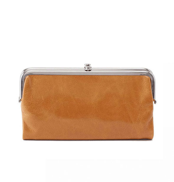 Honey-brown leather wallet with silver frame hardware