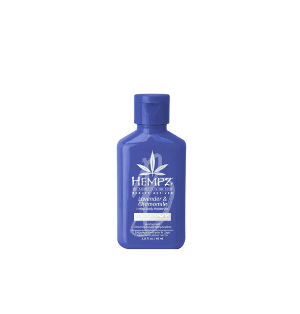 Blue 2.25 ounce bottle of Hempz Beauty Actives Lavender & Chamomile Herbal Body Moisturizer with Retinol Alternative