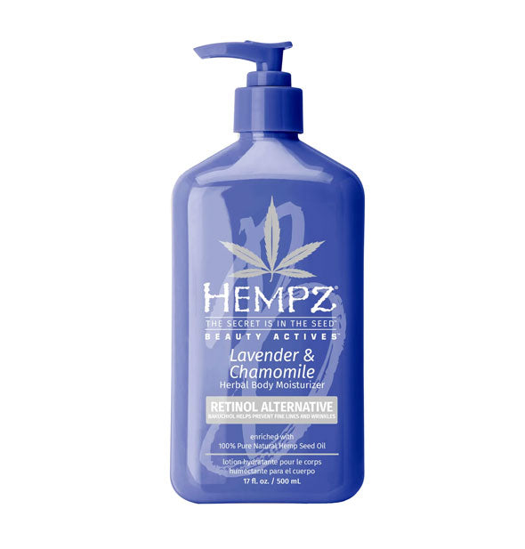 Blue 17 ounce bottle of Hempz Beauty Actives Lavender & Chamomile Herbal Body Moisturizer with Retinol Alternative