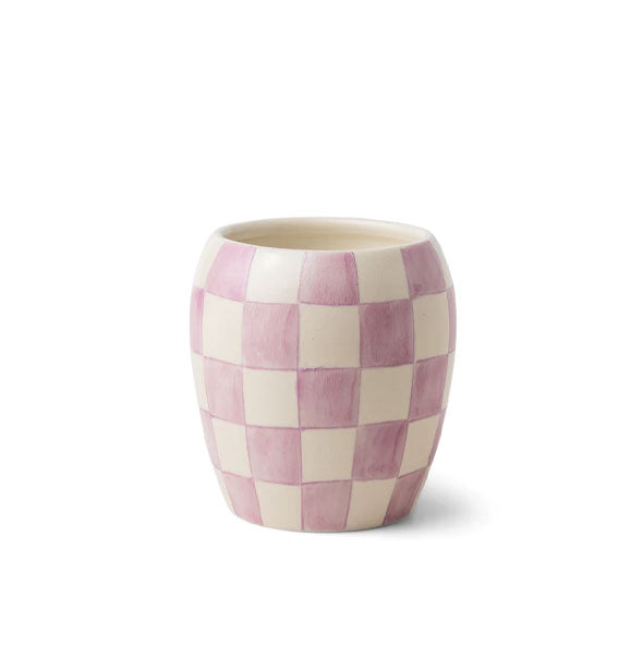 White and purple checkered ceramic candle vessel