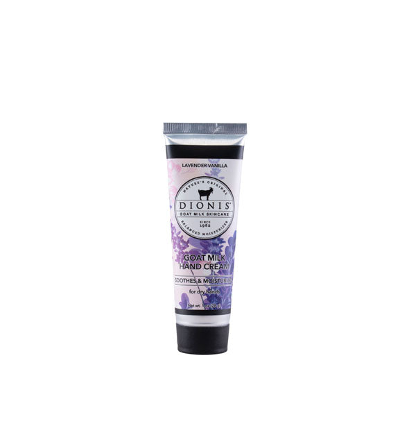 Purple floral 1 ounce bottle of Dionis Lavender Vanilla Goat Milk Hand Cream