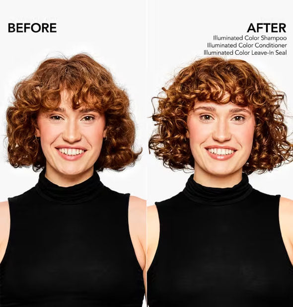 Side-by-side comparison of model's hair before and after using Bumble and bumble Illuminated Color Shampoo, Conditioner, and Leave-In Seal