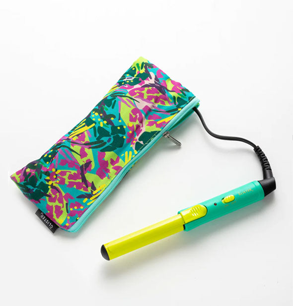 Teal and lime mini curling iron with matching floral pouch