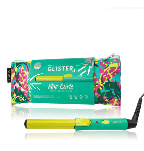 Teal and lime Glister Mini Curls curling iron with floral pouch packaging