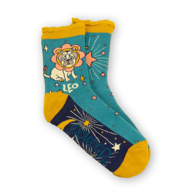 Pair of Leo socks by Powder feature astrology-themed design represented by a pug dressed as a lion