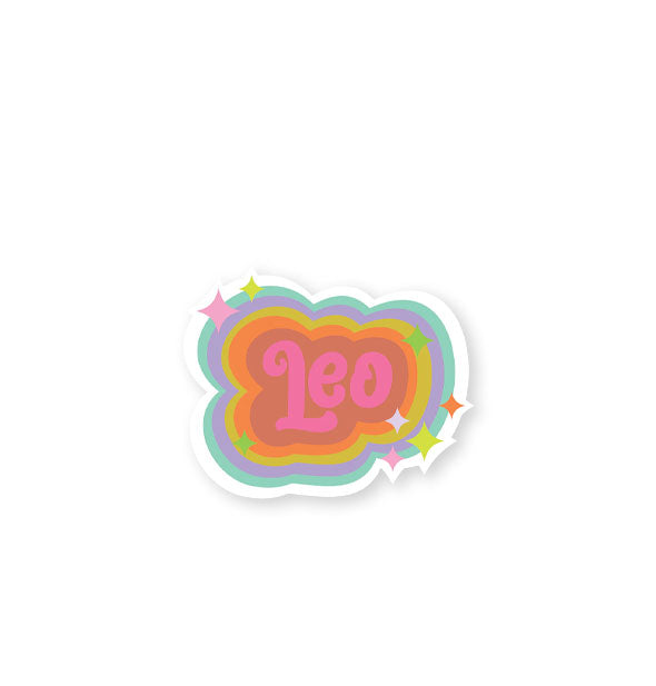 Leo sticker with colorful striped border and star accents