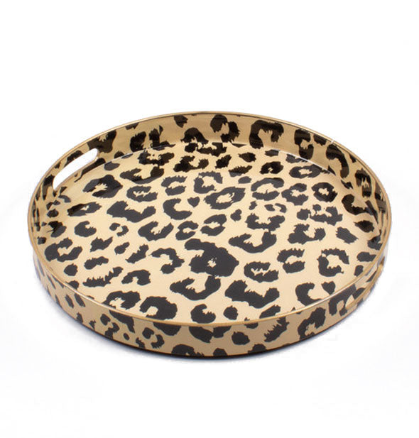 Round brown and black leopard print serving tray with handles cut into a shallow rim