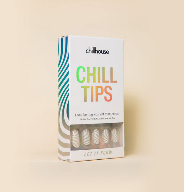 Box of Chillhouse Chill Tips press-on nails with wavy white striped Let It Flow design examples visible through packaging window