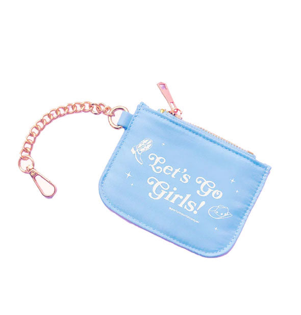 Light blue coin purse with rose gold zipper and chain attached says, "Let's Go Girls!" in white lettering with white cowgirl boot and hat graphics