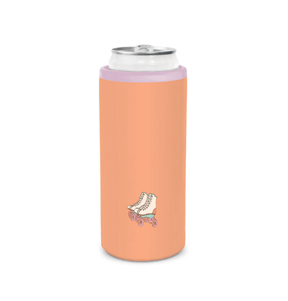 Orange slim can sleeve with purple rim and small roller skates graphic near the bottom