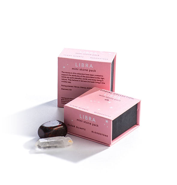 Two pink Libra Mini Stone Packs with crystals displayed in front