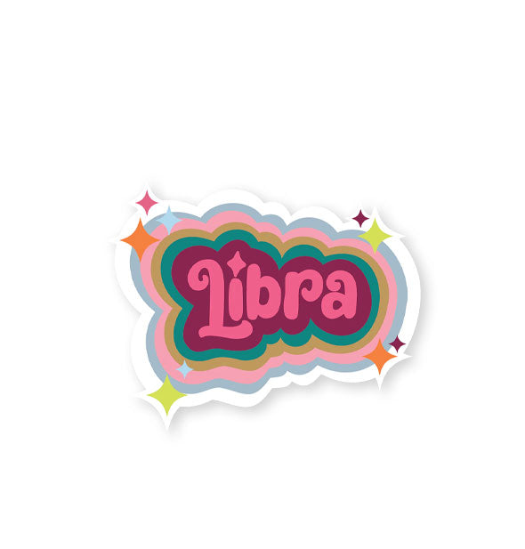 Libra sticker with colorful striped border and star accents