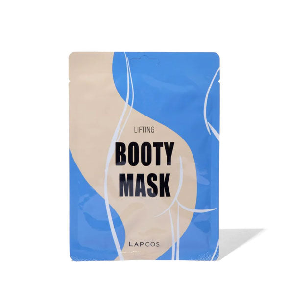 Blue and tan Lapcos Lifting Booty Mask packet with black lettering and white line drawn graphic of a booty