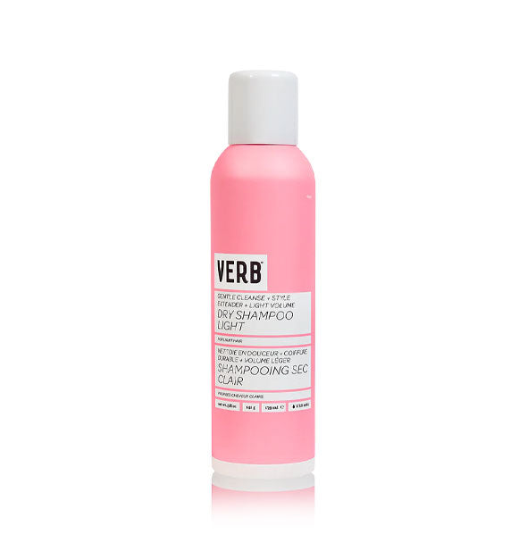 Light pink 5 ounce can of Verb Dry Shampoo for light hair with white and black accents