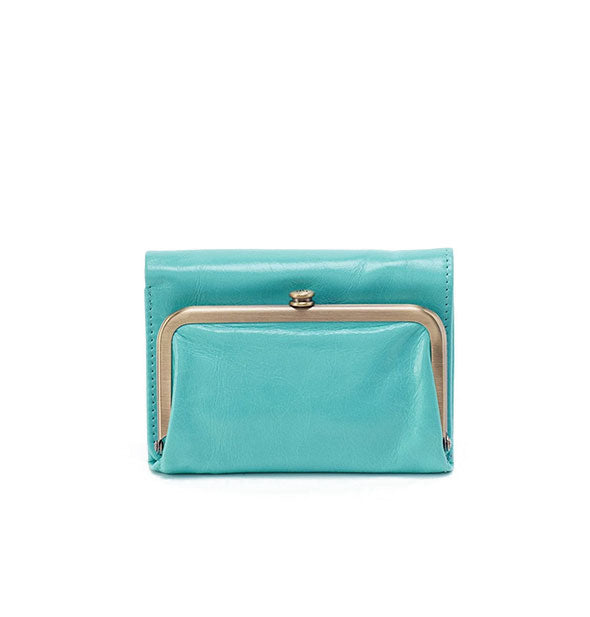 Compact aquamarine leather wallet with gold frame hardware