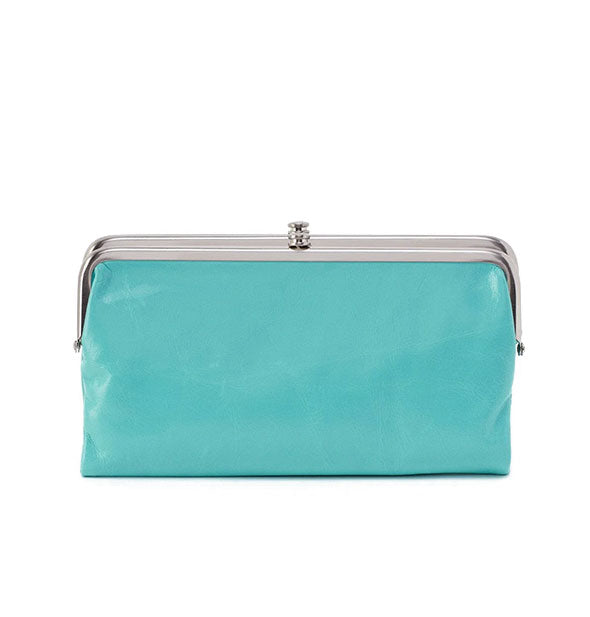 Aquamarine leather wallet with silver-toned frame hardware