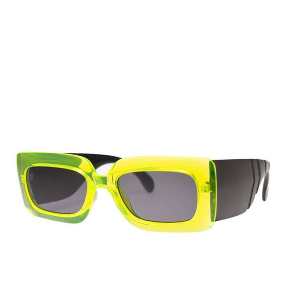 Rectangular lime green sunglasses with ultra-wide temple arm