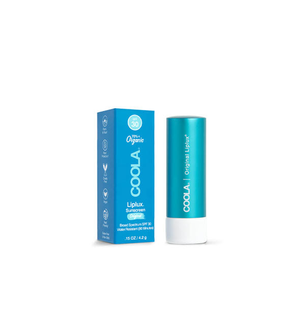 Blue tube and box of Coola Liplux Sunscreen