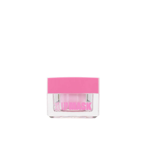 Clear pot of Babe Glow Lip Mask with pink cap and lettering and pink product visible inside