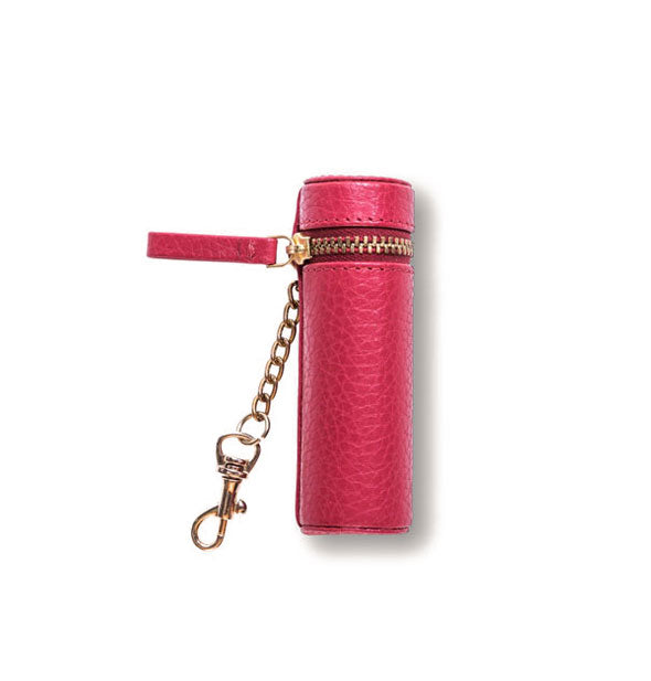 Pebbled red leather lipstick case with zipper pull tab and gold hardware