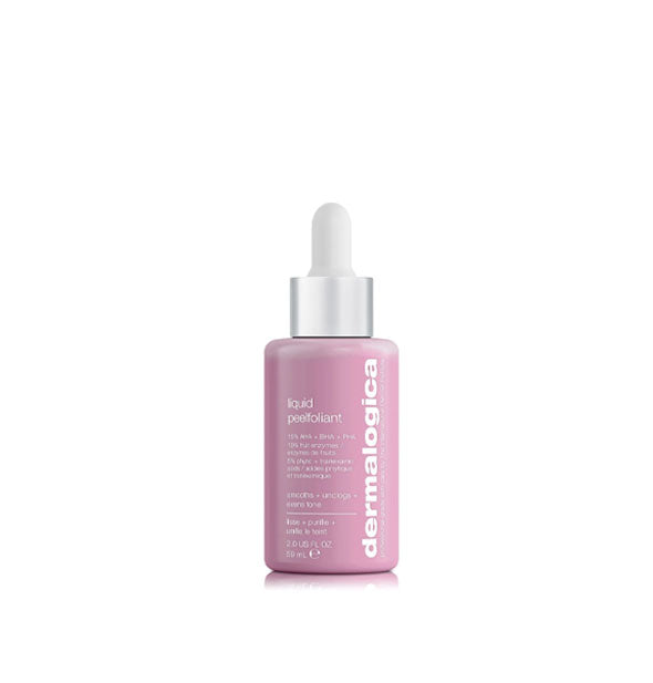 Pink 2 ounce bottle of Dermalogica Liquid Peelfoliant with silver and white dropper cap and white bottle lettering