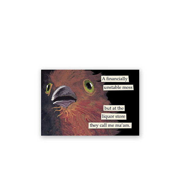 Rectangular black magnet with large illustration of a bewildered-looking bird says, "A financially unstable mess but at the liquor store they call me ma'am."