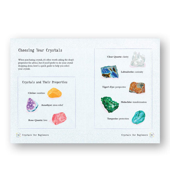 Page spread from The Little Book of Witchcraft features a section titled, "Choosing Your Crystals" with colorful illustrations of crystals with their labeled properties